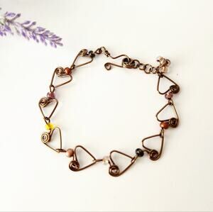Antique Brass Wire Heart Beaded Link Bracelet